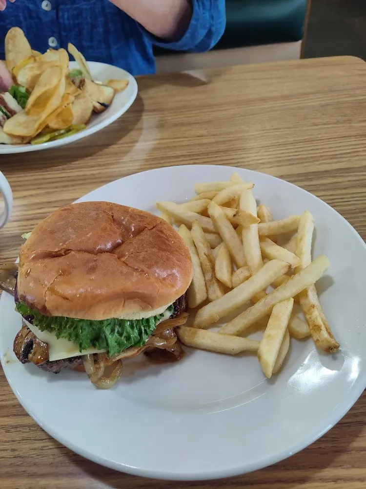 Mushroom Swiss Burger and Fries